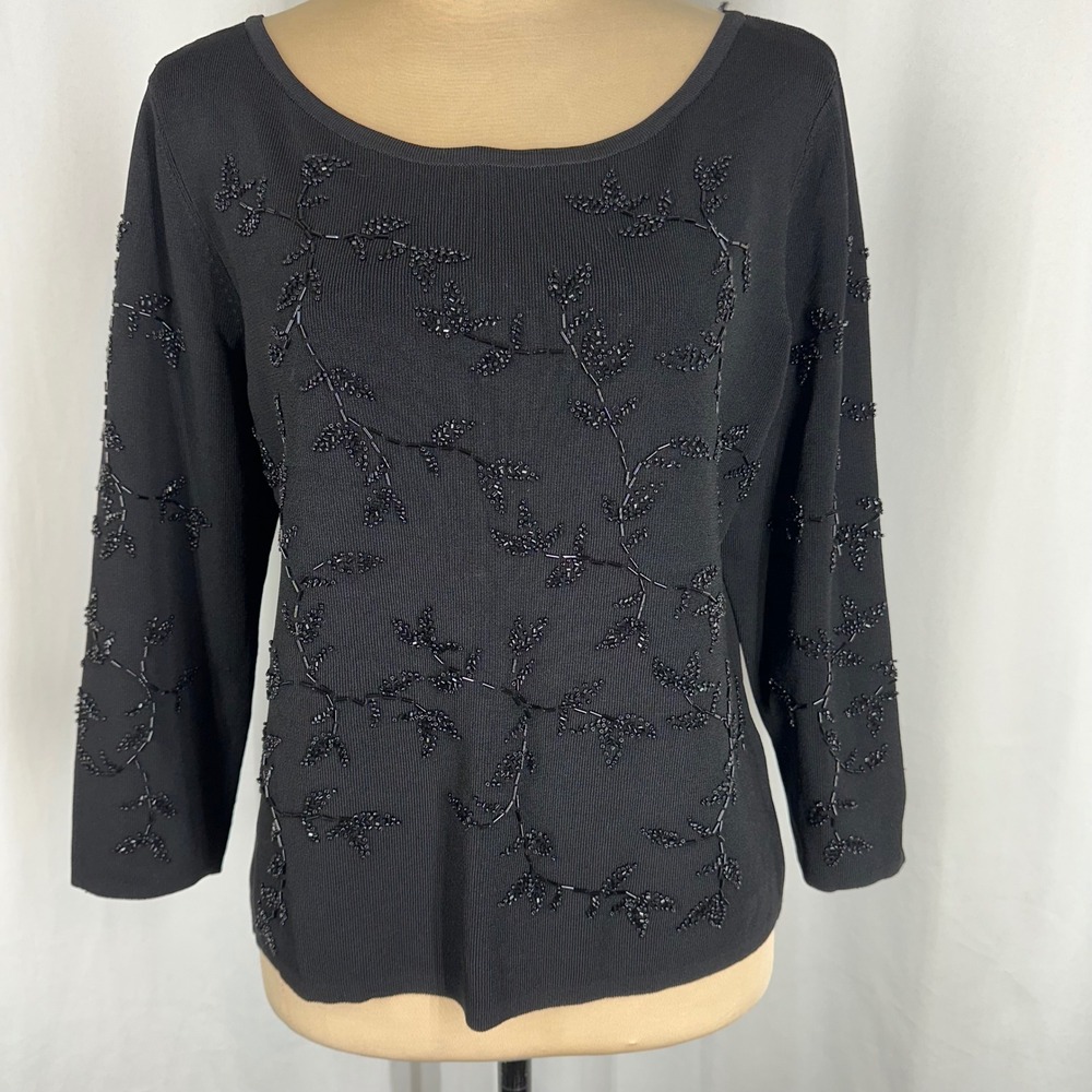 Sandra Darren Black Beaded Floral Stretch Knit Blouse Top Size L - Picture 3 of 11
